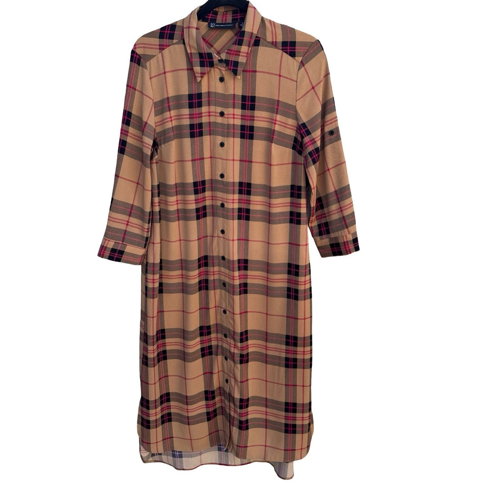 New York & Company Tan Pink Plaid Button Front Roll Tab Sleeve Shirt Dress S