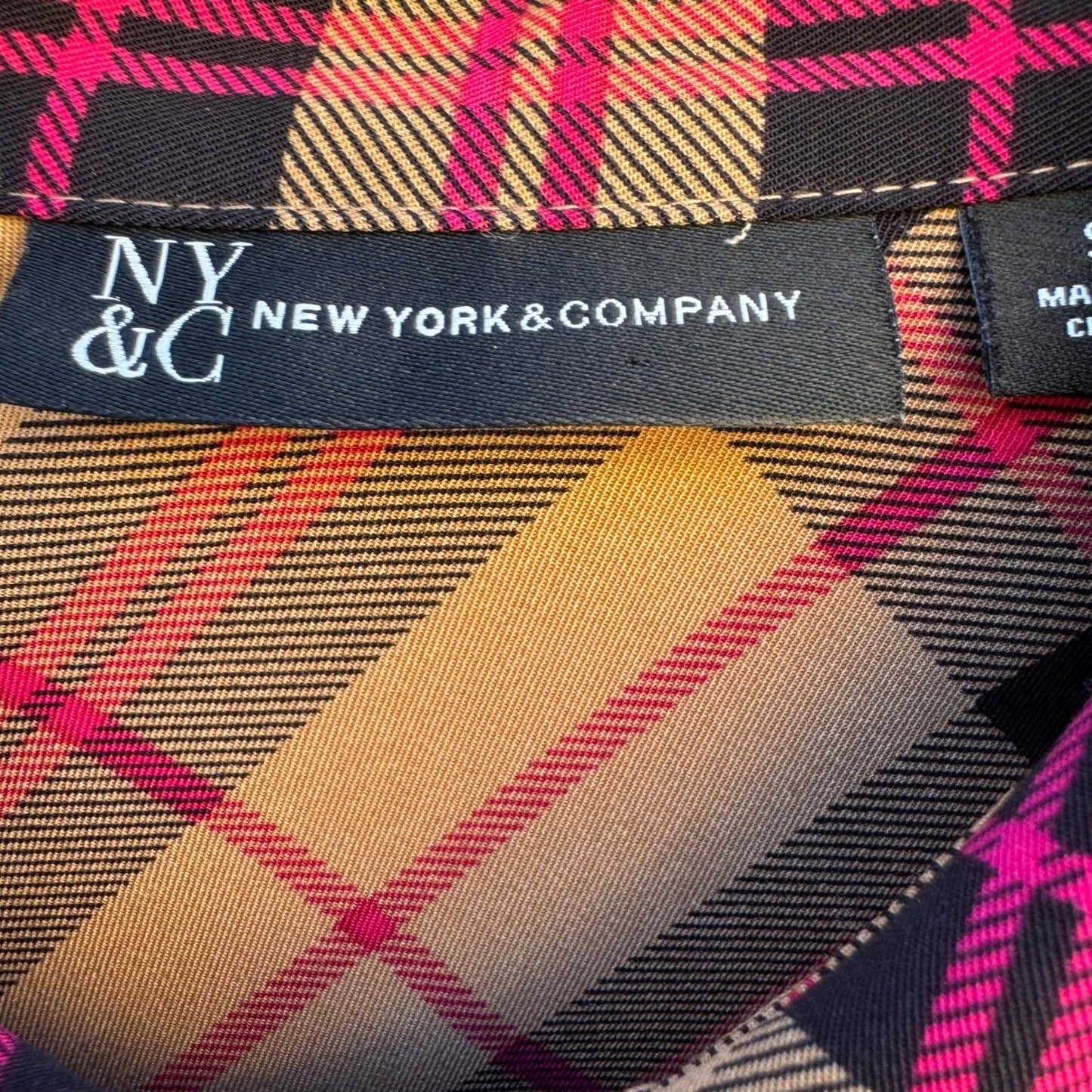 New York & Company Tan Pink Plaid Button Front Roll Tab Sleeve Shirt Dress S