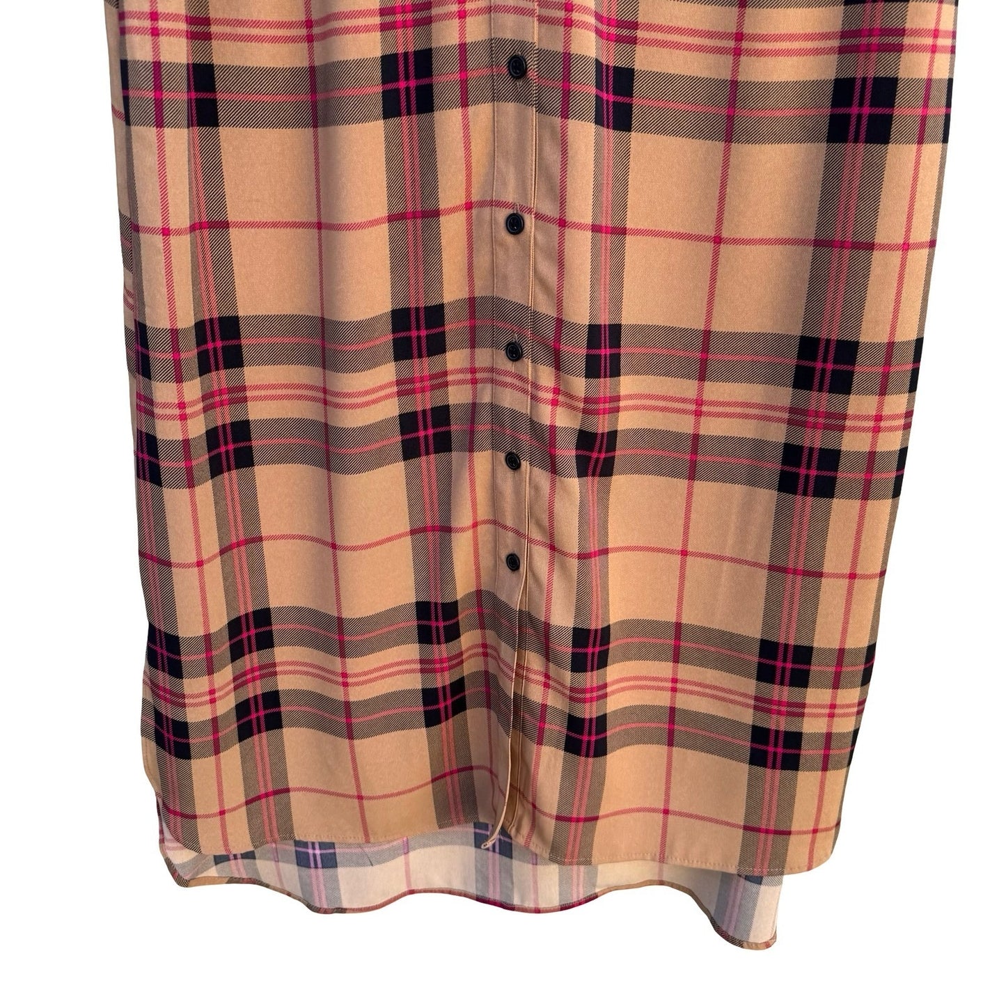 New York & Company Tan Pink Plaid Button Front Roll Tab Sleeve Shirt Dress S