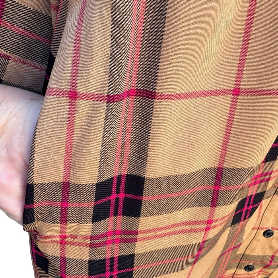 New York & Company Tan Pink Plaid Button Front Roll Tab Sleeve Shirt Dress S