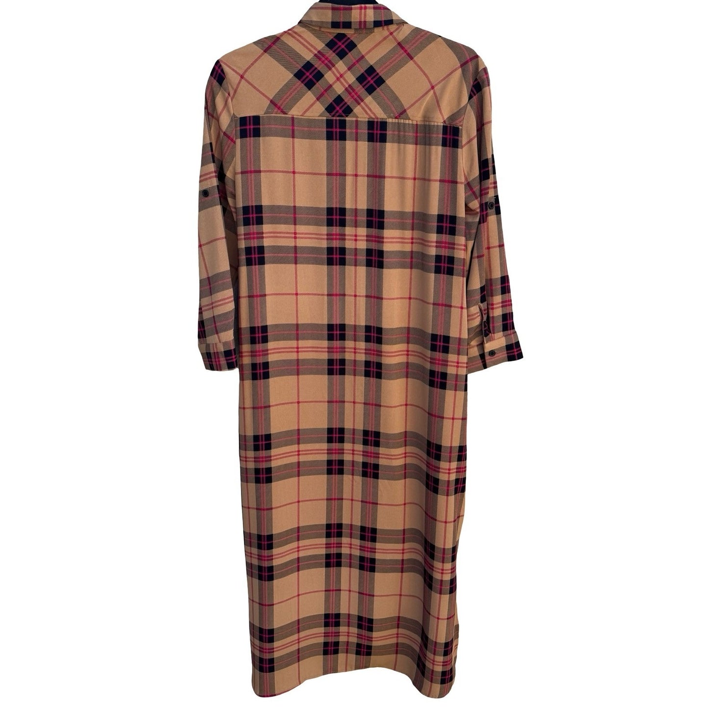 New York & Company Tan Pink Plaid Button Front Roll Tab Sleeve Shirt Dress S