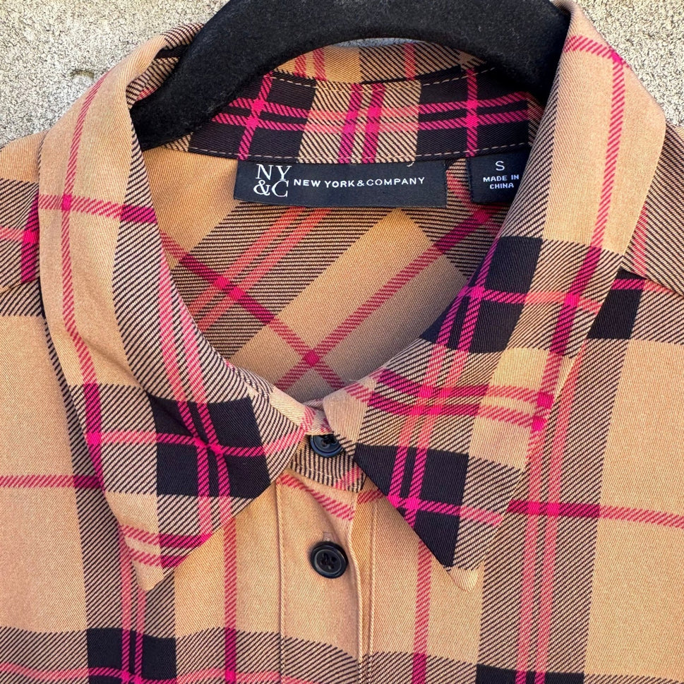 New York & Company Tan Pink Plaid Button Front Roll Tab Sleeve Shirt Dress S