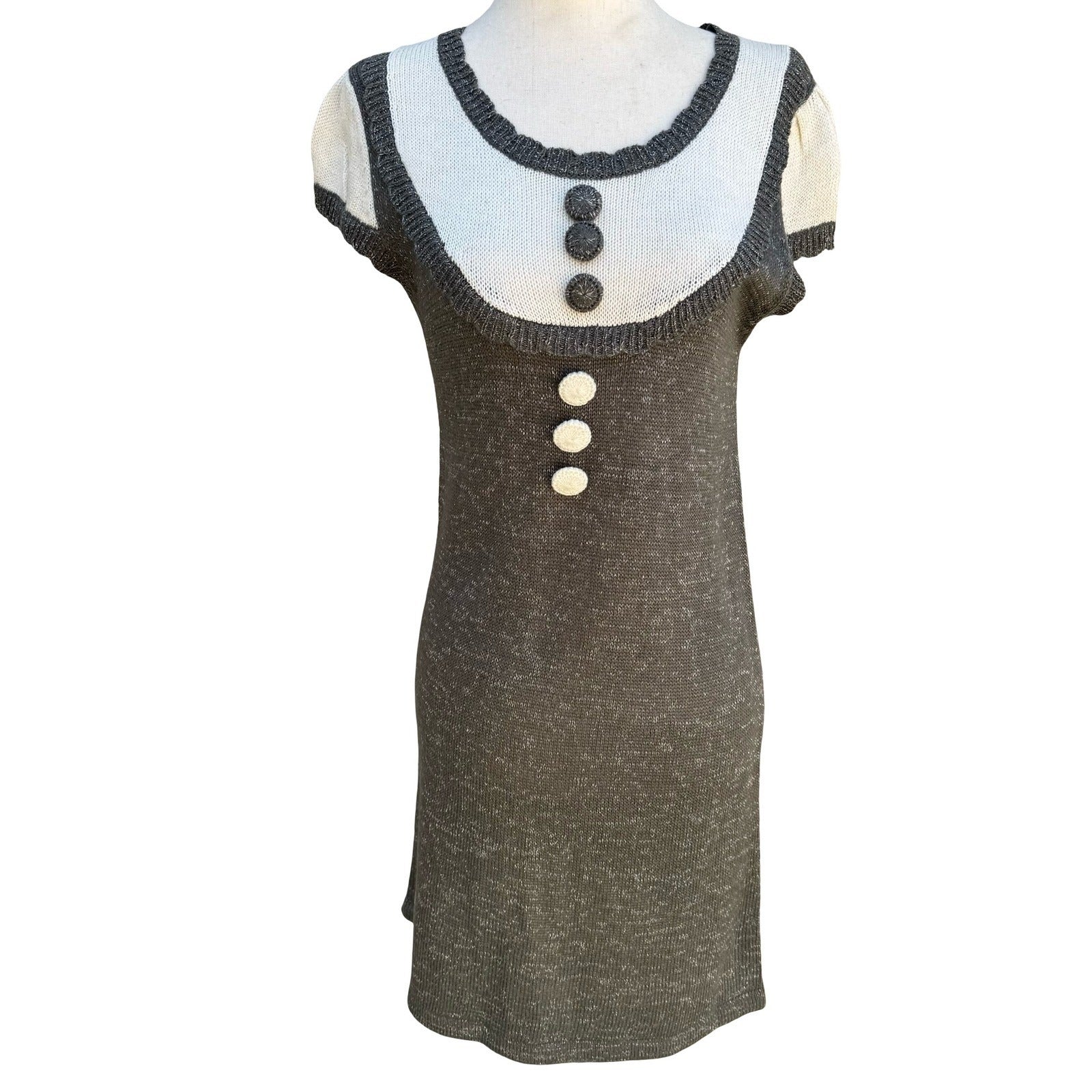 Crystal Candy Y2K Grey Metallic Knit Mini Sweater Dress Short Sleeve Scoop Neck