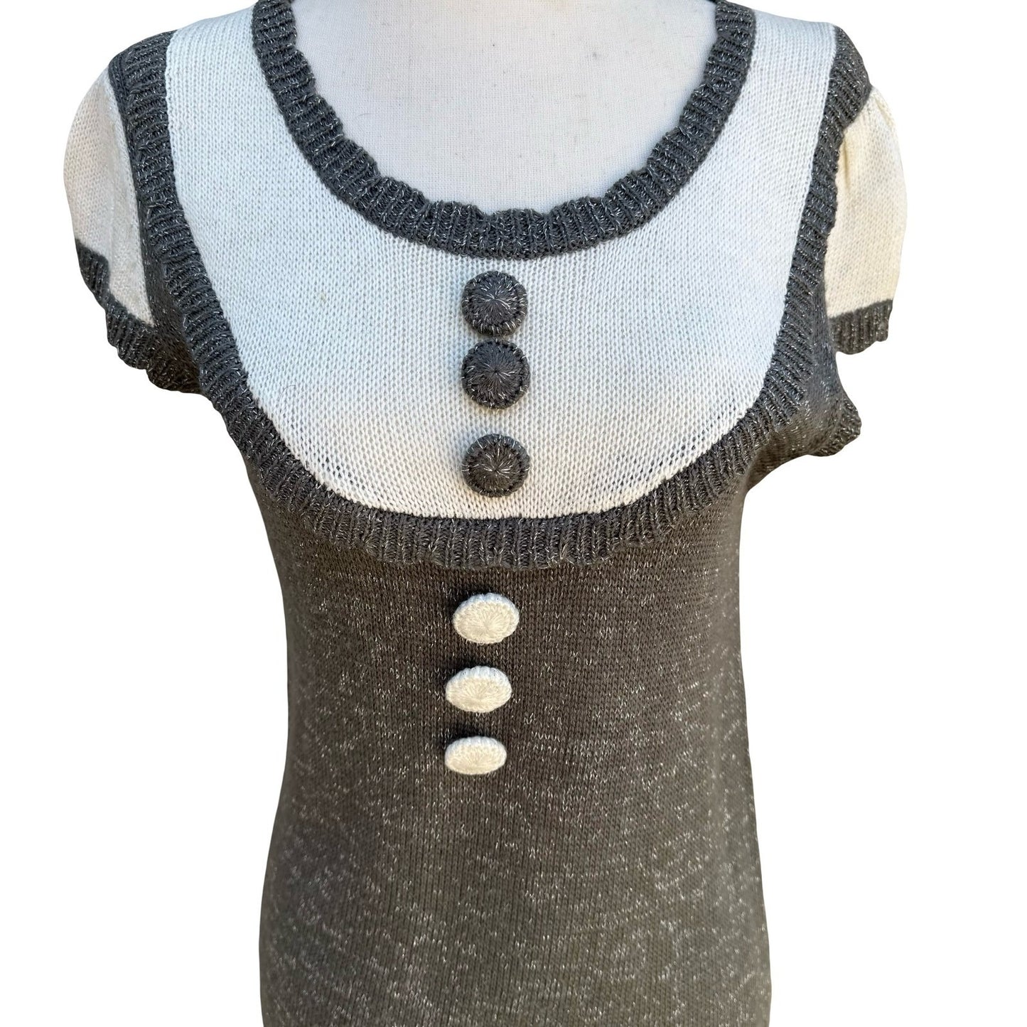 Crystal Candy Y2K Grey Metallic Knit Mini Sweater Dress Short Sleeve Scoop Neck