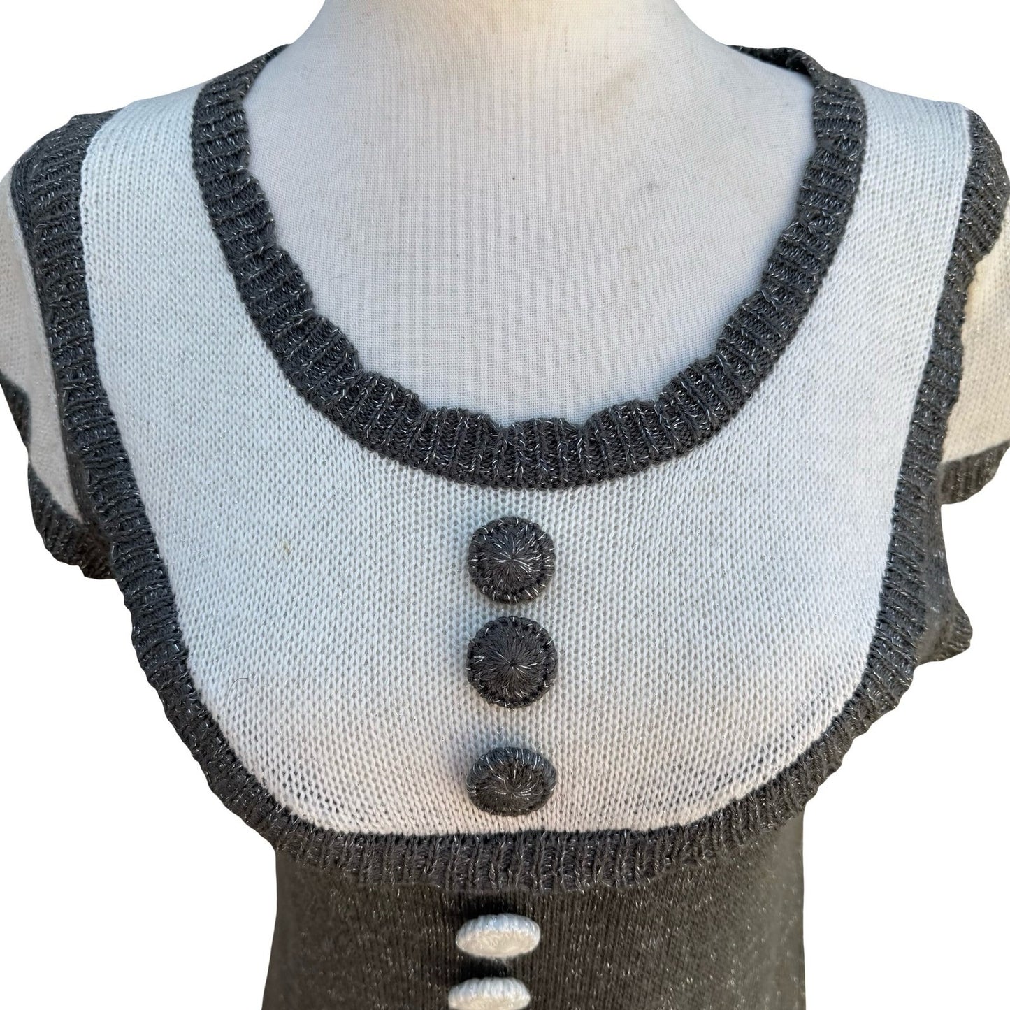 Crystal Candy Y2K Grey Metallic Knit Mini Sweater Dress Short Sleeve Scoop Neck