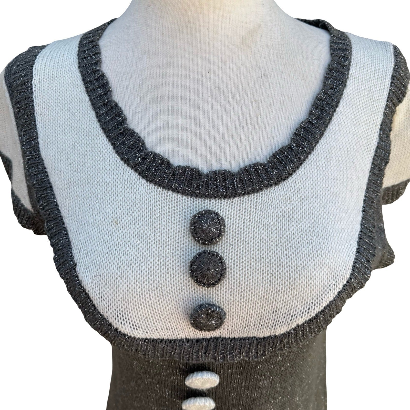 Crystal Candy Y2K Grey Metallic Knit Mini Sweater Dress Short Sleeve Scoop Neck