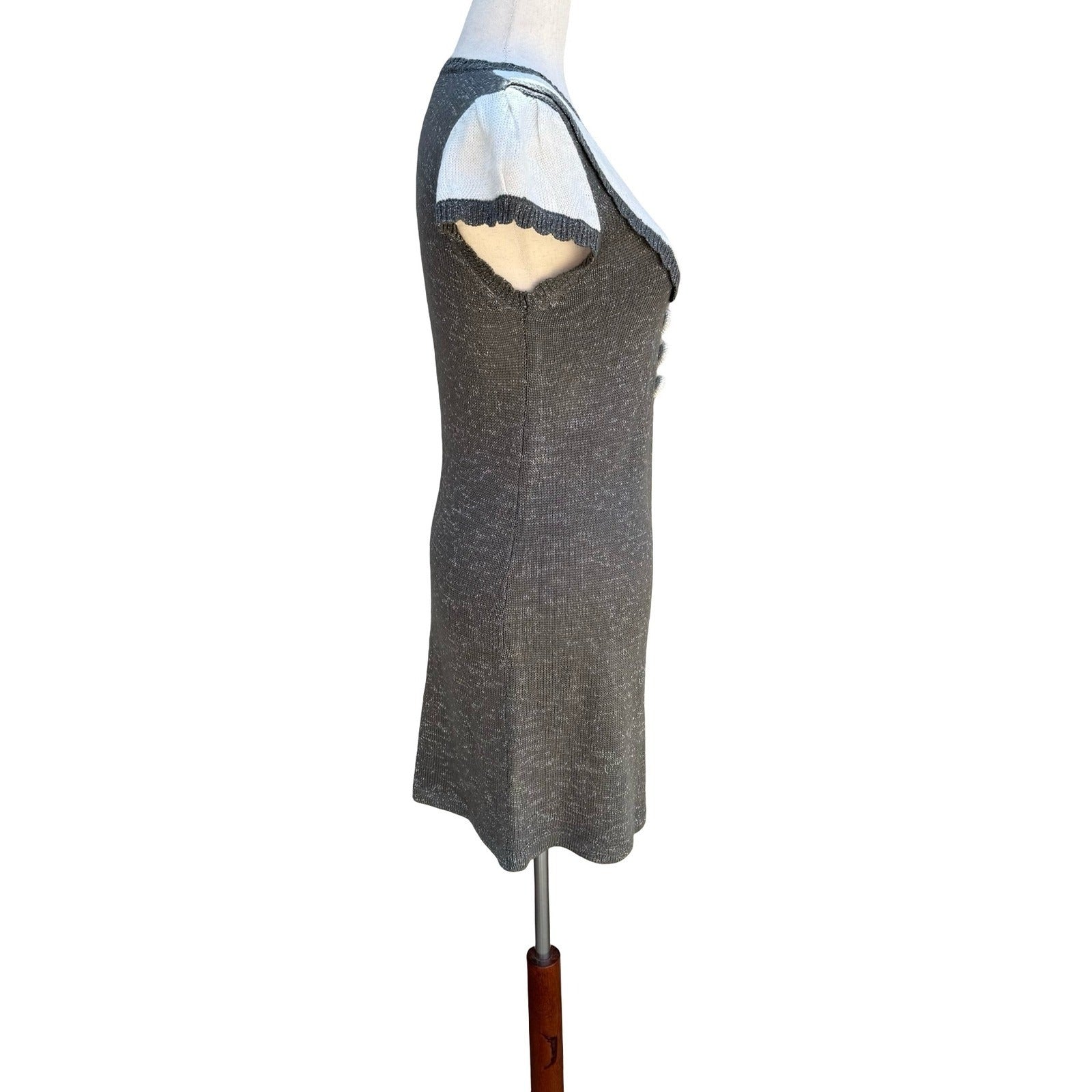 Crystal Candy Y2K Grey Metallic Knit Mini Sweater Dress Short Sleeve Scoop Neck