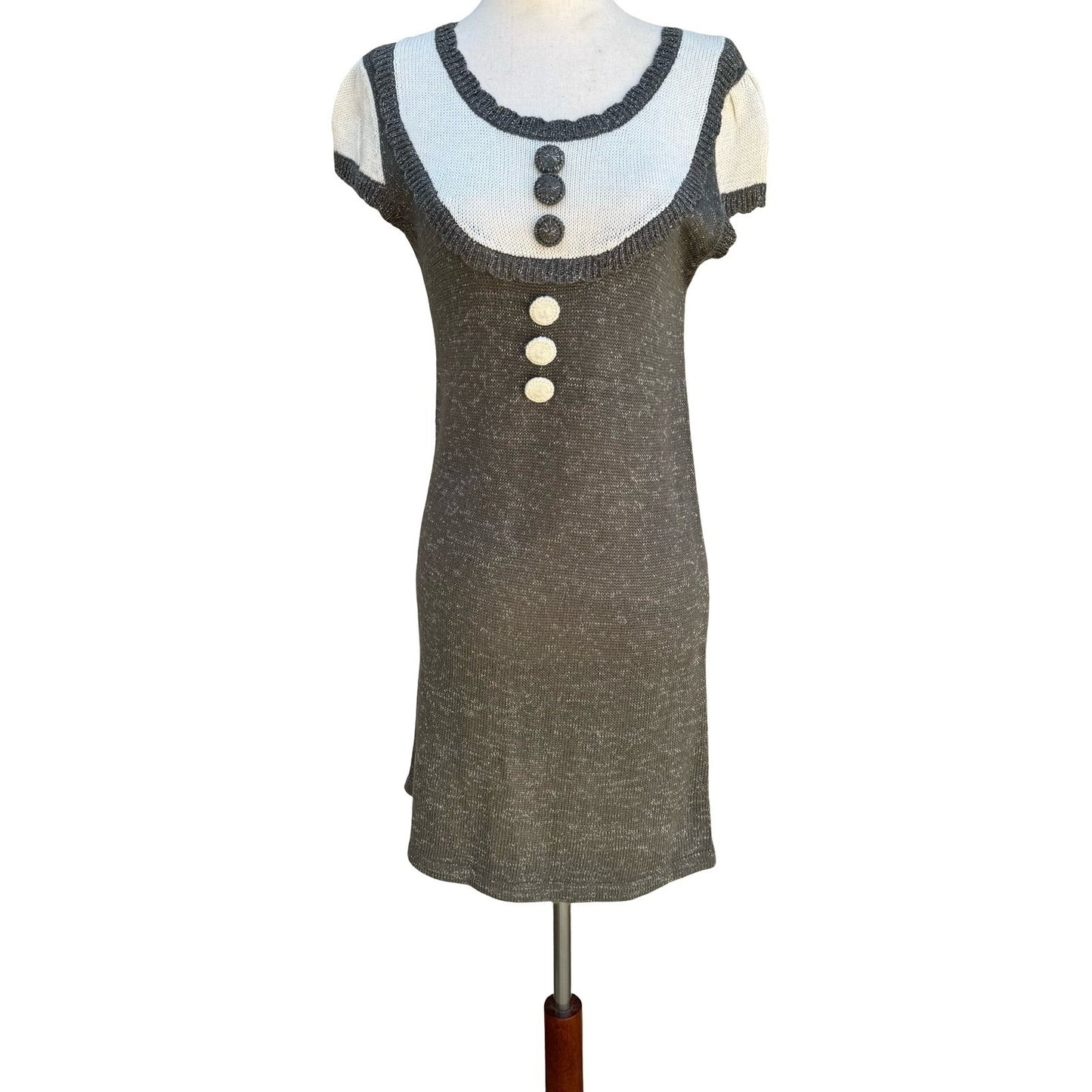 Crystal Candy Y2K Grey Metallic Knit Mini Sweater Dress Short Sleeve Scoop Neck