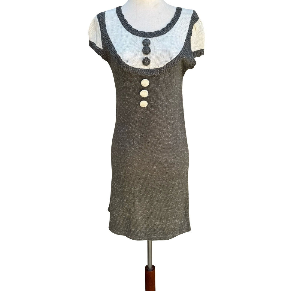 Crystal Candy Y2K Grey Metallic Knit Mini Sweater Dress Short Sleeve Scoop Neck