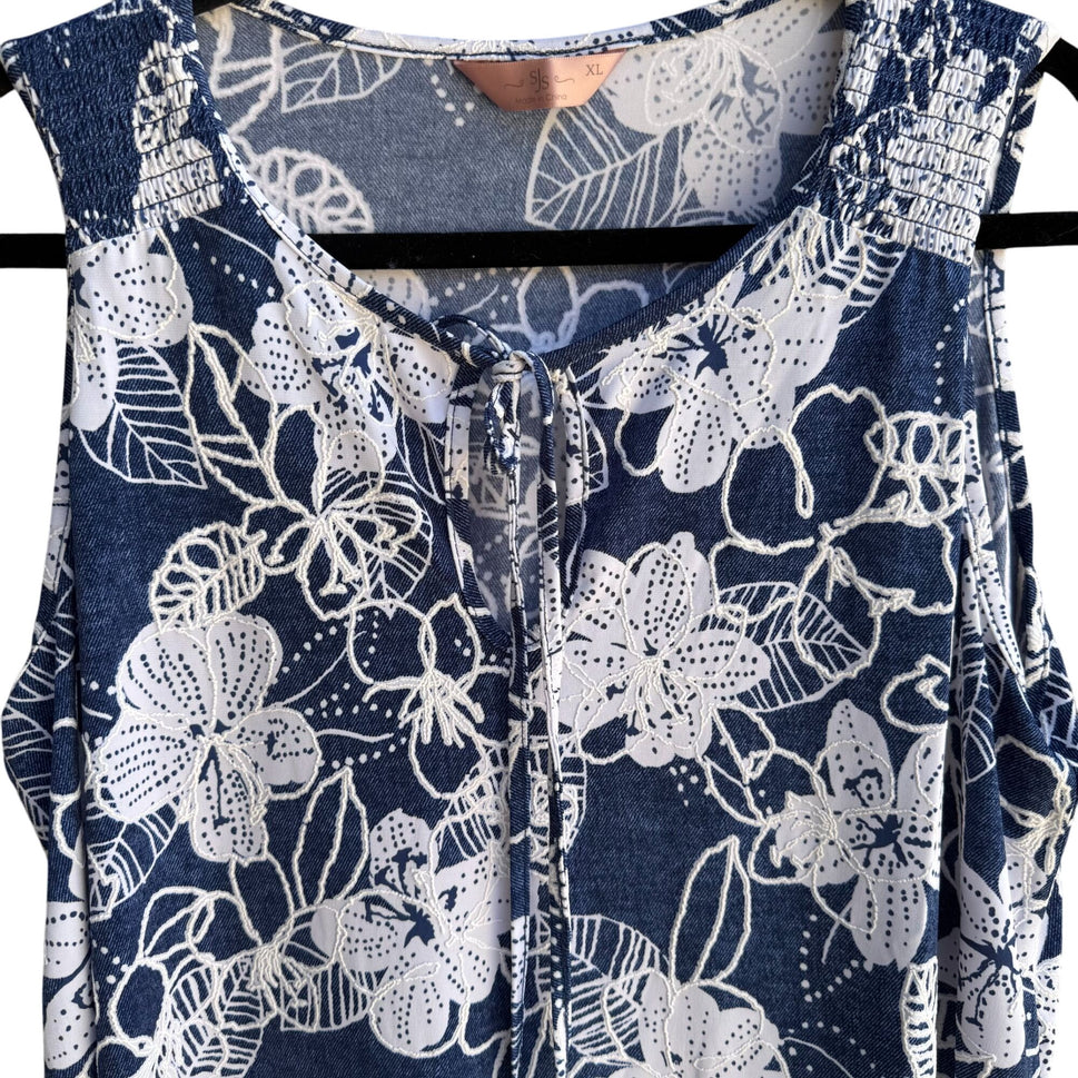 SJS Vintage Y2K Womens Floral Sleeveless Blue Tie Neck Babydoll Top Blouse XL