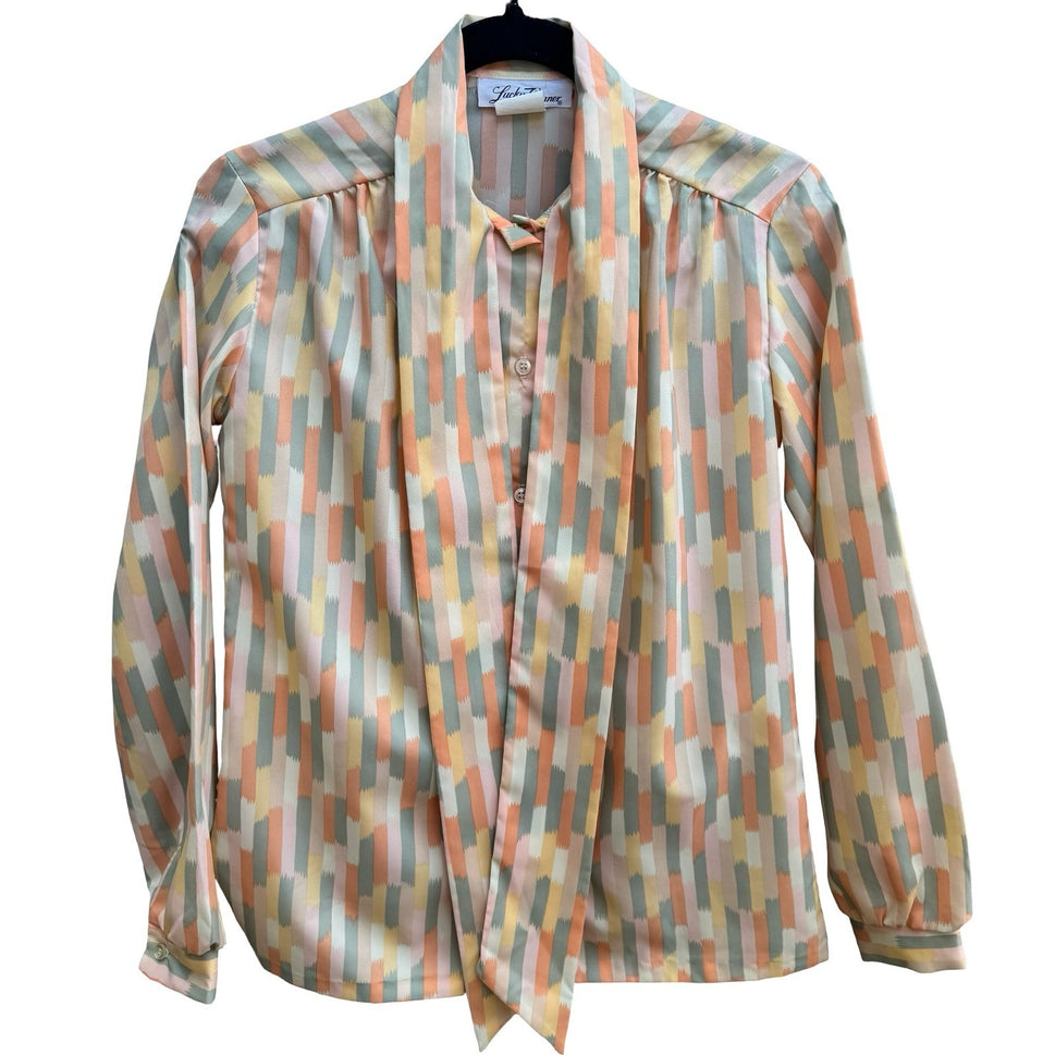 Lucky Winner Vintage 70s 80s Secretary Mod Tie Neck Geometric Brushstroke Blouse