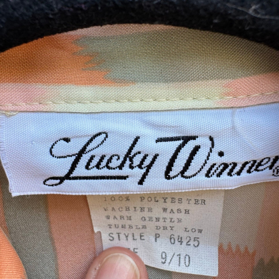 Lucky Winner Vintage 70s 80s Secretary Mod Tie Neck Geometric Brushstroke Blouse