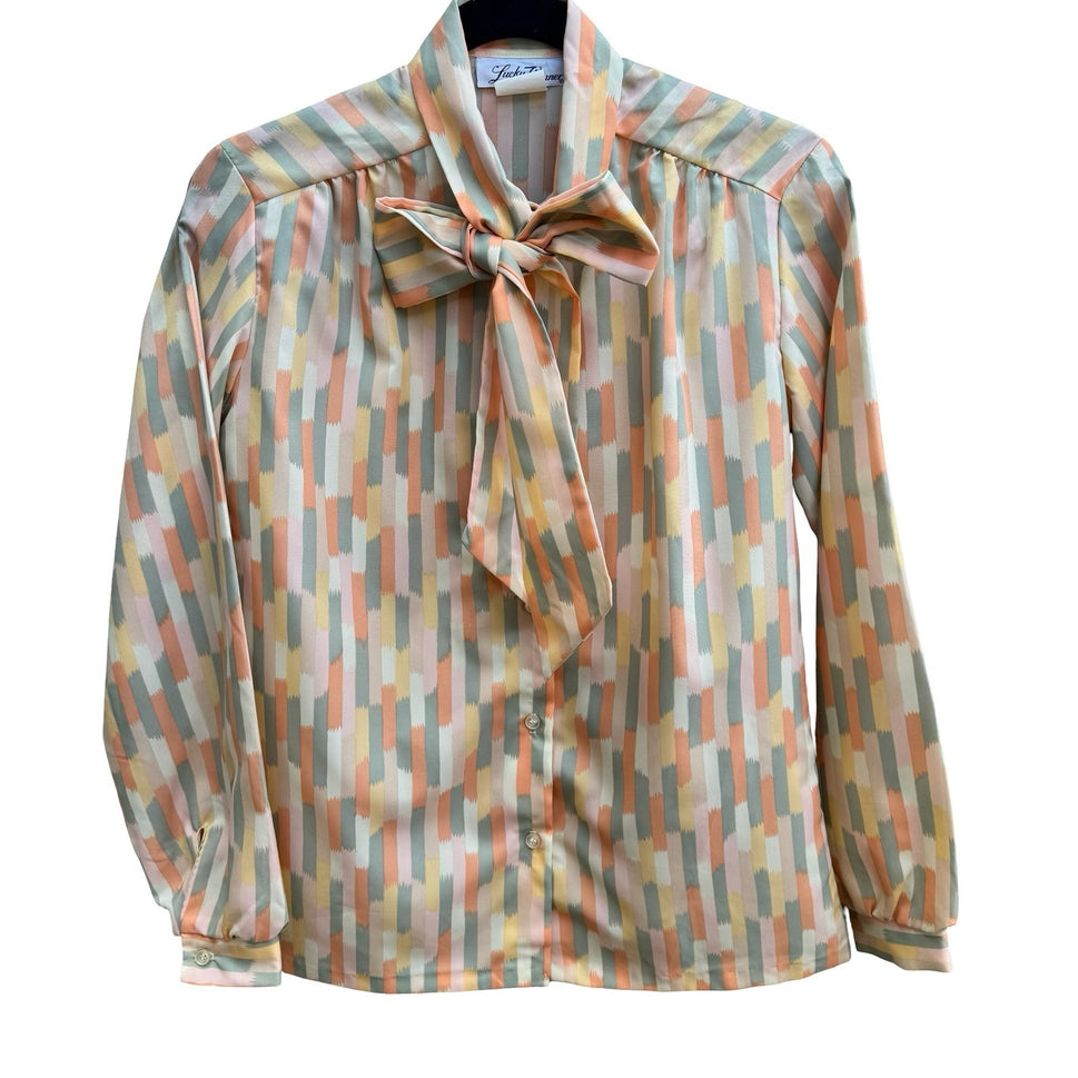 Lucky Winner Vintage 70s 80s Secretary Mod Tie Neck Geometric Brushstroke Blouse