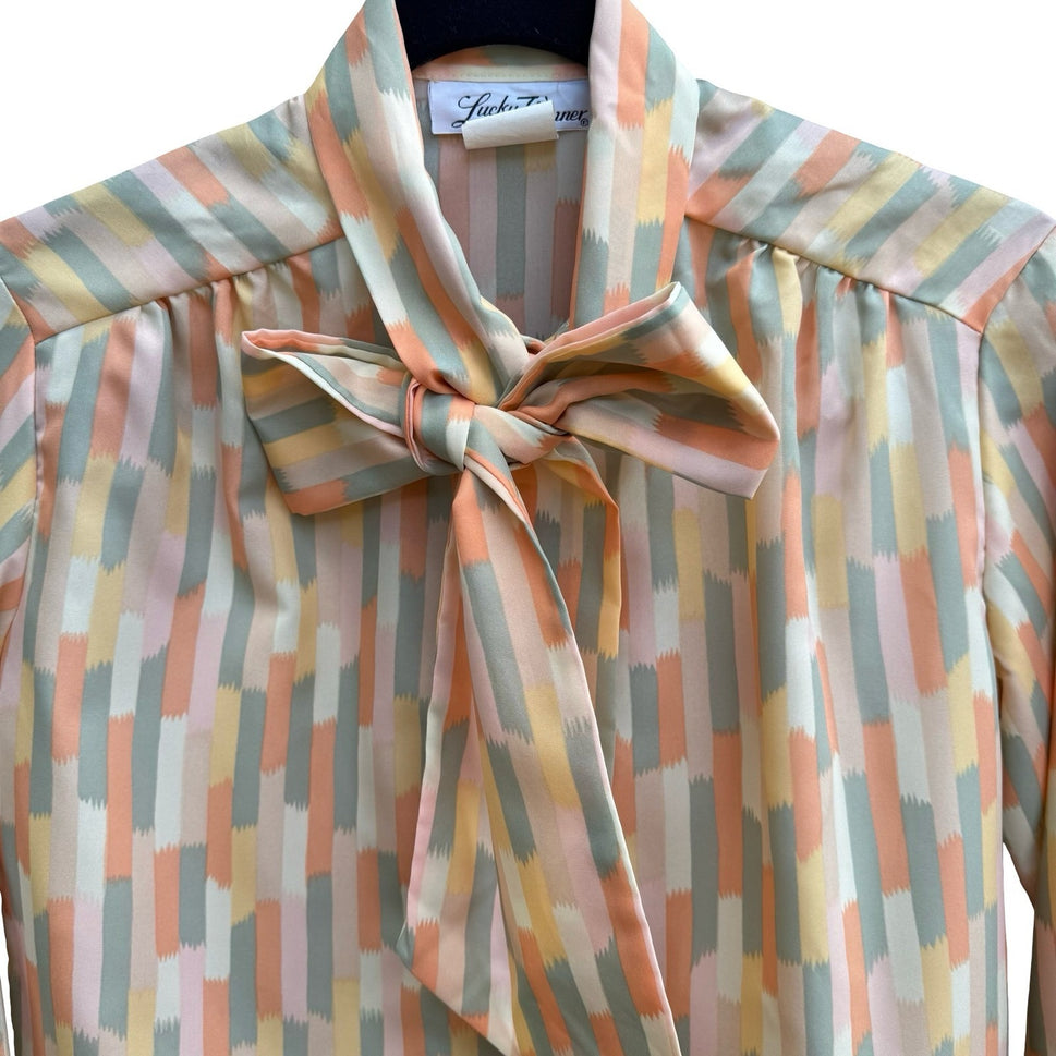 Lucky Winner Vintage 70s 80s Secretary Mod Tie Neck Geometric Brushstroke Blouse
