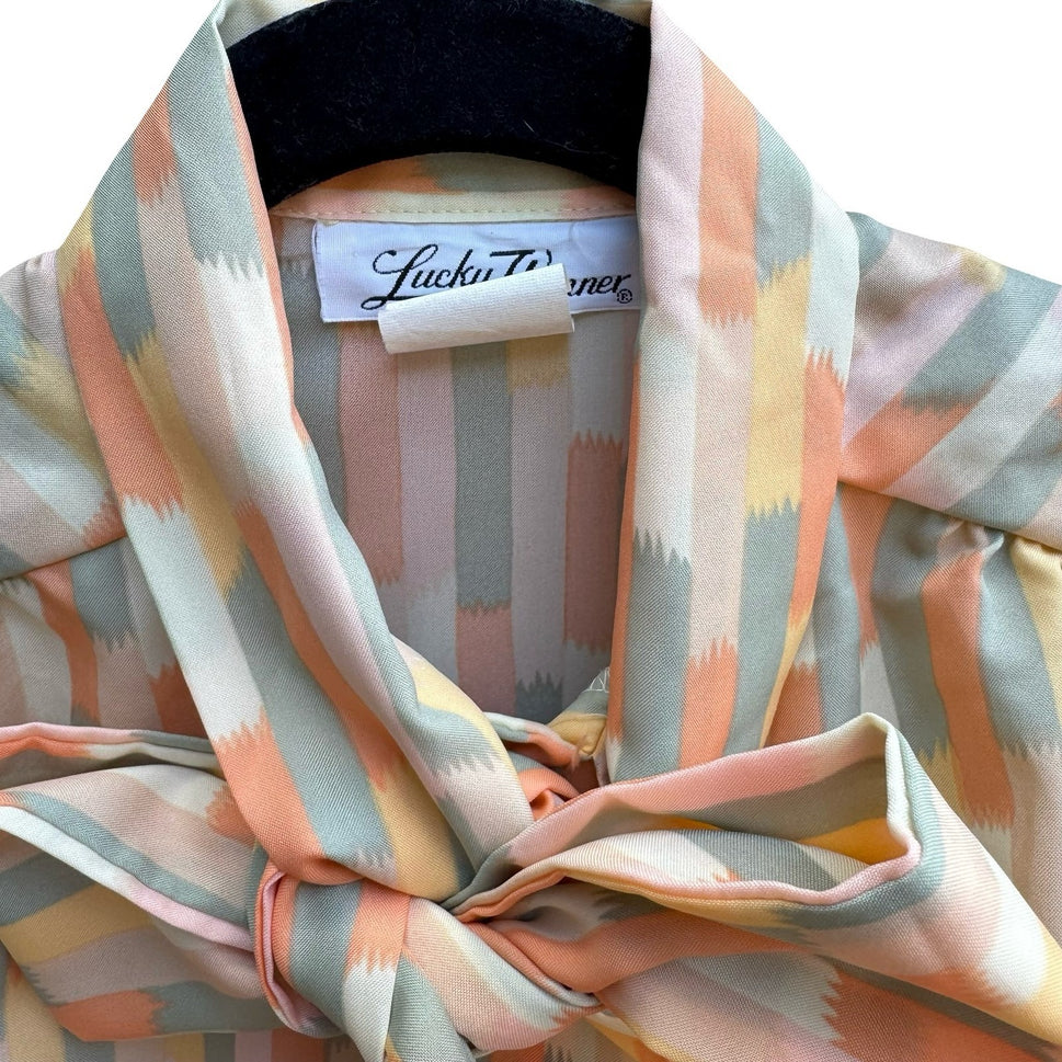 Lucky Winner Vintage 70s 80s Secretary Mod Tie Neck Geometric Brushstroke Blouse