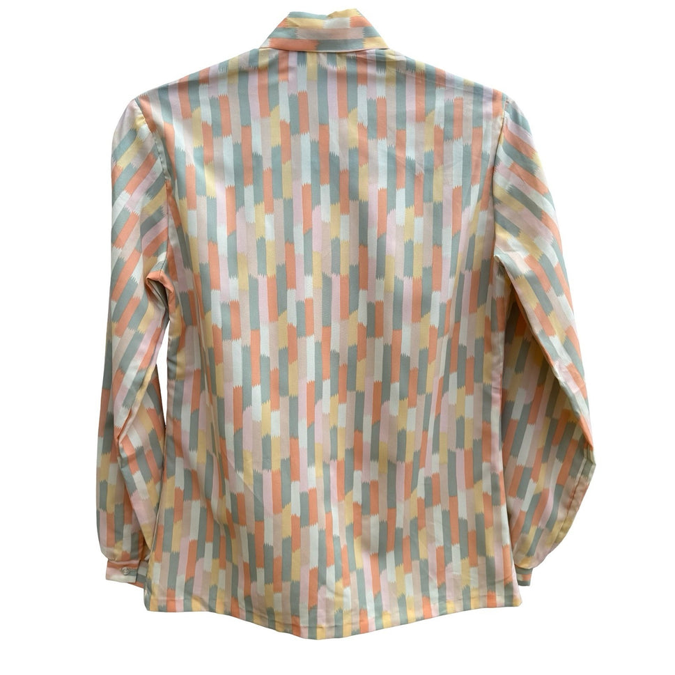 Lucky Winner Vintage 70s 80s Secretary Mod Tie Neck Geometric Brushstroke Blouse