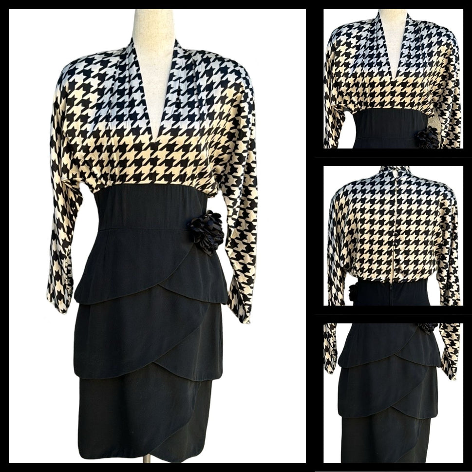 AJ Bari Vintage 80s Silk Deep V Empire Waist Houndstooth Tiered Tulip Midi Dress