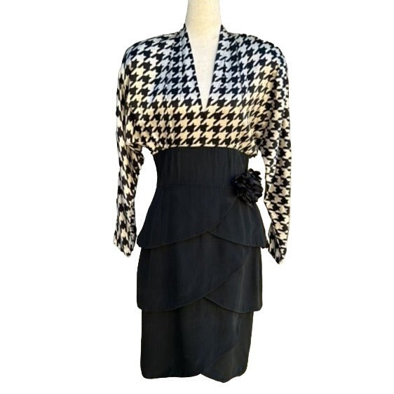 AJ Bari Vintage 80s Silk Deep V Empire Waist Houndstooth Tiered Tulip Midi Dress