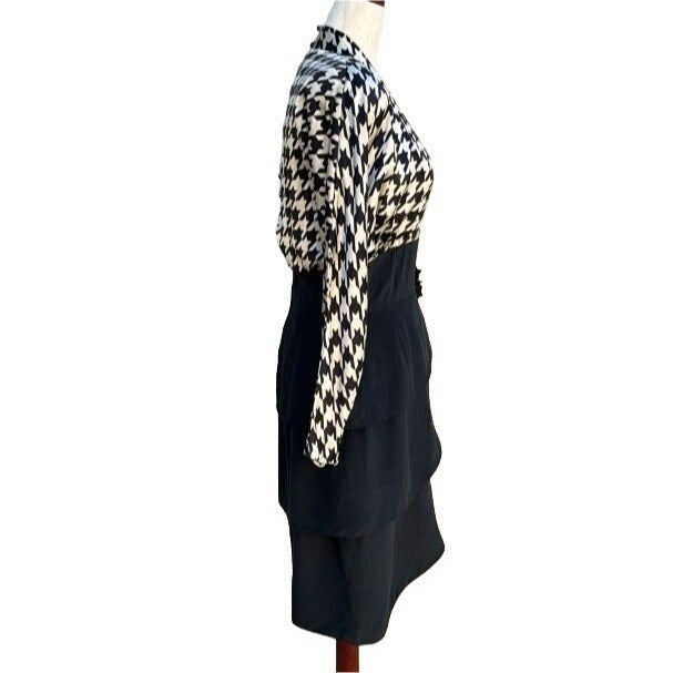 AJ Bari Vintage 80s Silk Deep V Empire Waist Houndstooth Tiered Tulip Midi Dress