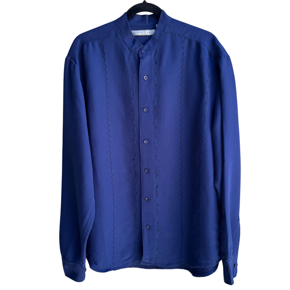 Monte Carlo Mens Embroidered Band Collar Long Sleeve Button-Up Shirt Blue L