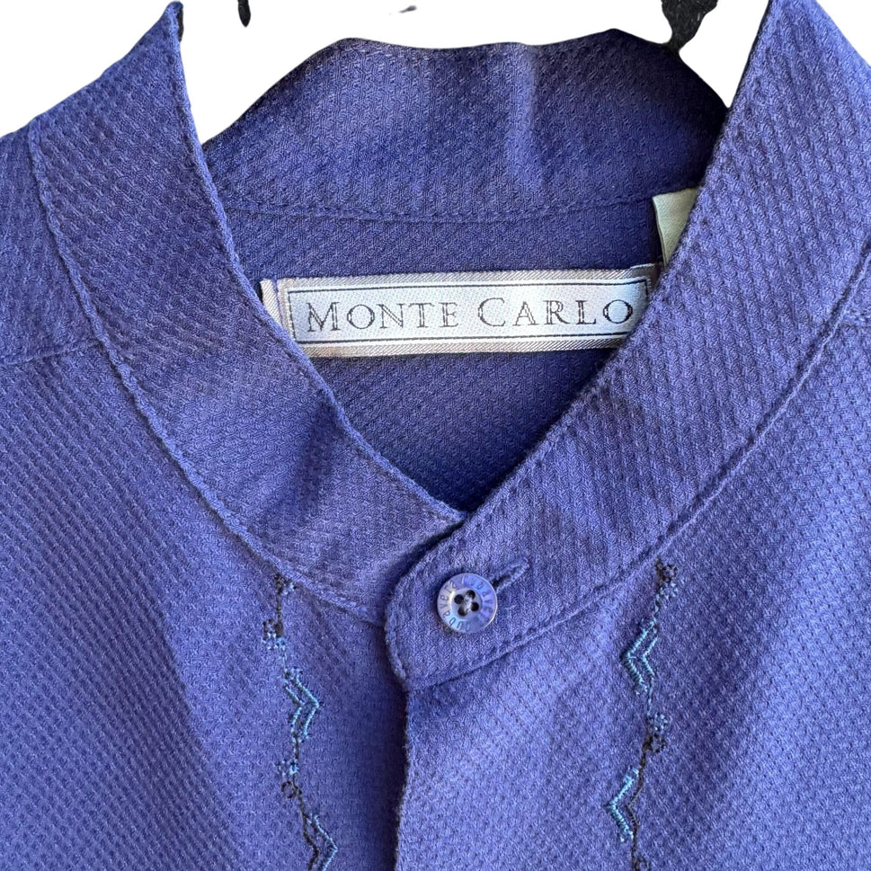 Monte Carlo Mens Embroidered Band Collar Long Sleeve Button-Up Shirt Blue L