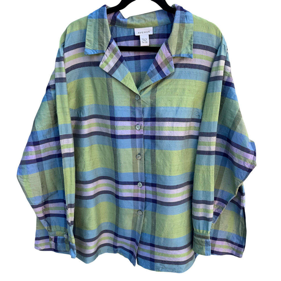 Avenue Womens Silk Preppy Button-Up Green Blue Plaid Long Sleeve Blouse 26/28