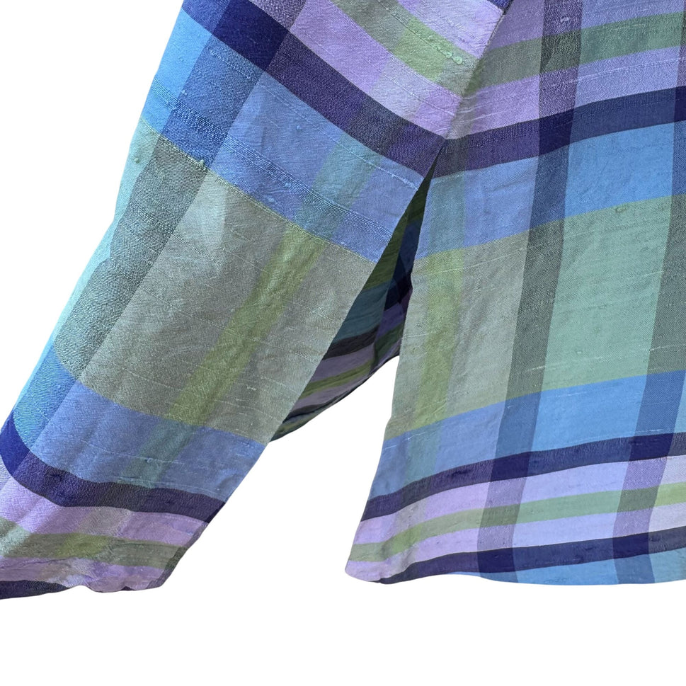 Avenue Womens Silk Preppy Button-Up Green Blue Plaid Long Sleeve Blouse 26/28