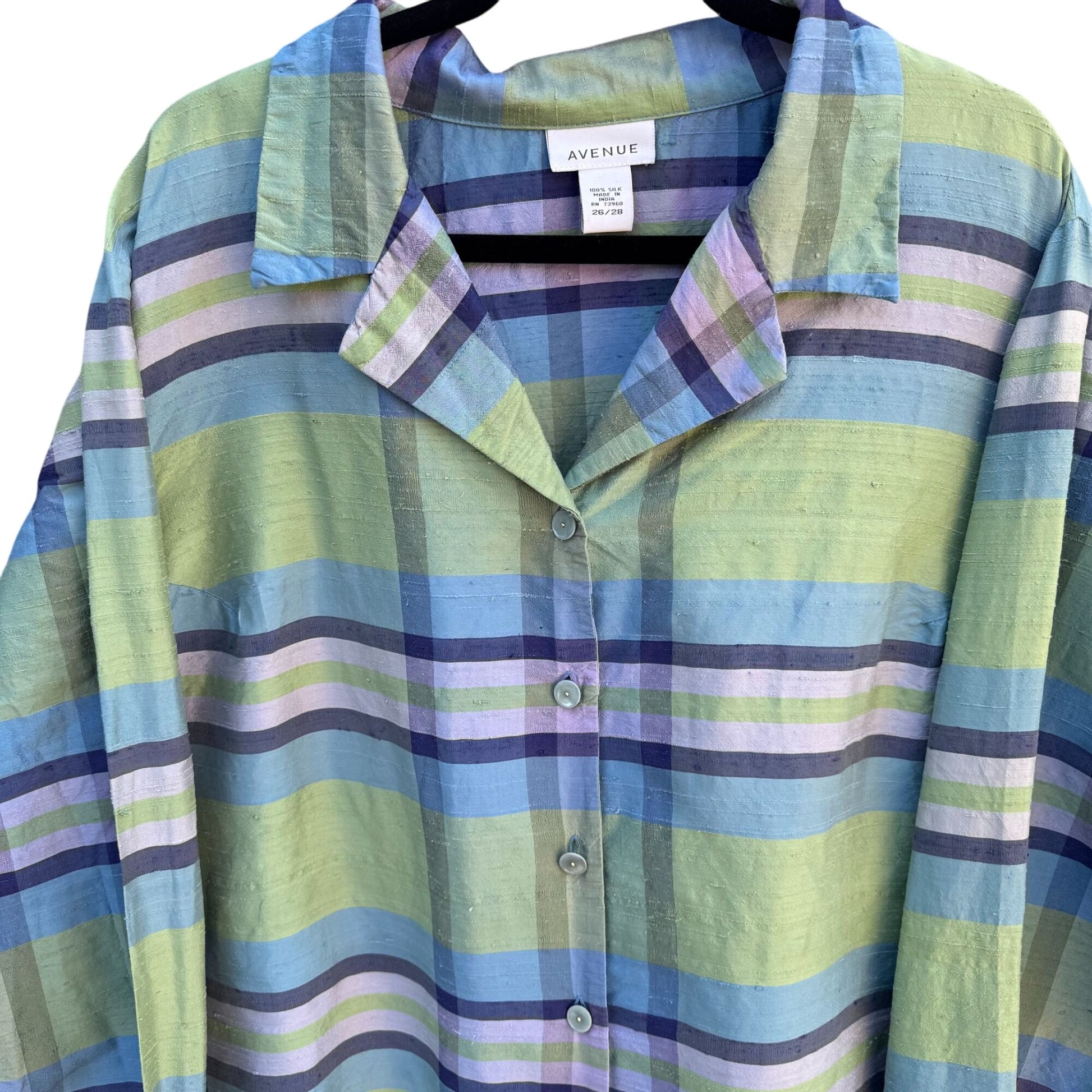 Avenue Womens Silk Preppy Button-Up Green Blue Plaid Long Sleeve Blouse 26/28