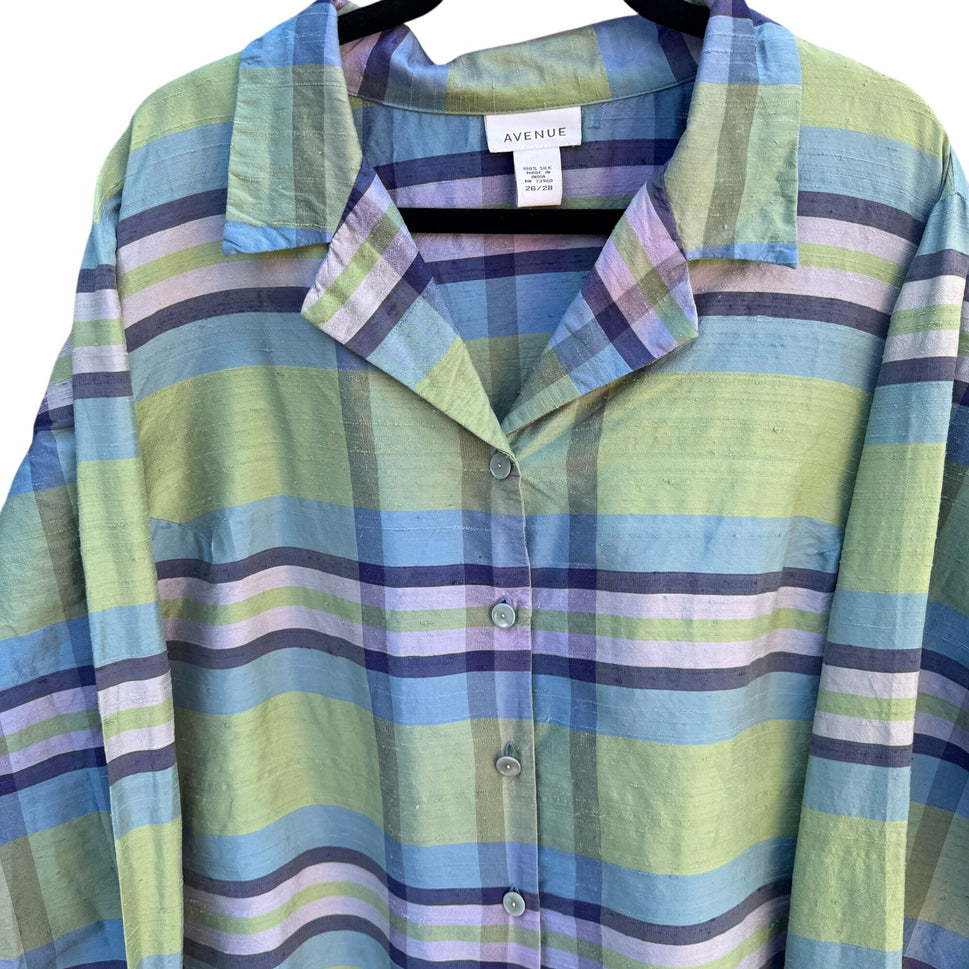 Avenue Womens Silk Preppy Button-Up Green Blue Plaid Long Sleeve Blouse 26/28