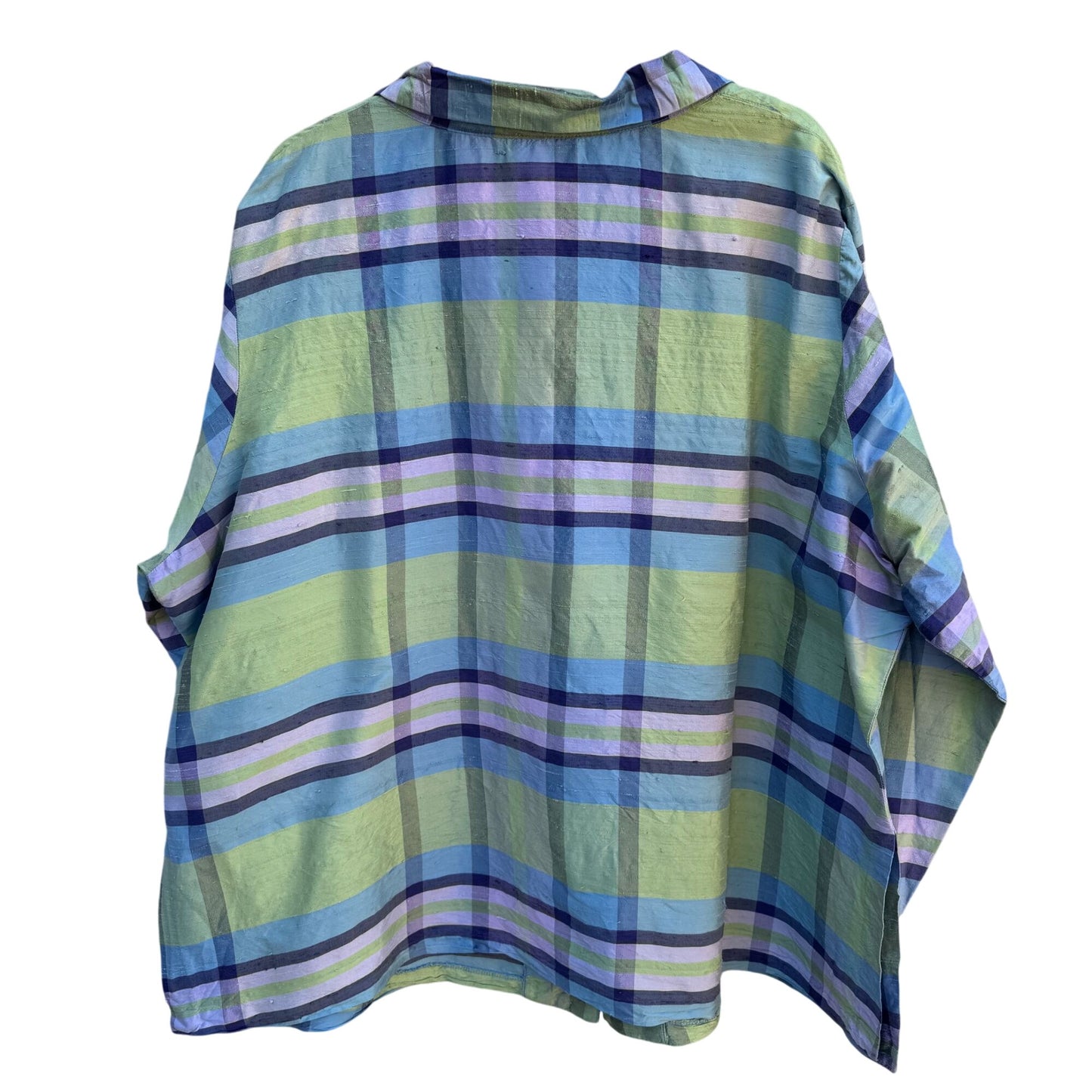 Avenue Womens Silk Preppy Button-Up Green Blue Plaid Long Sleeve Blouse 26/28
