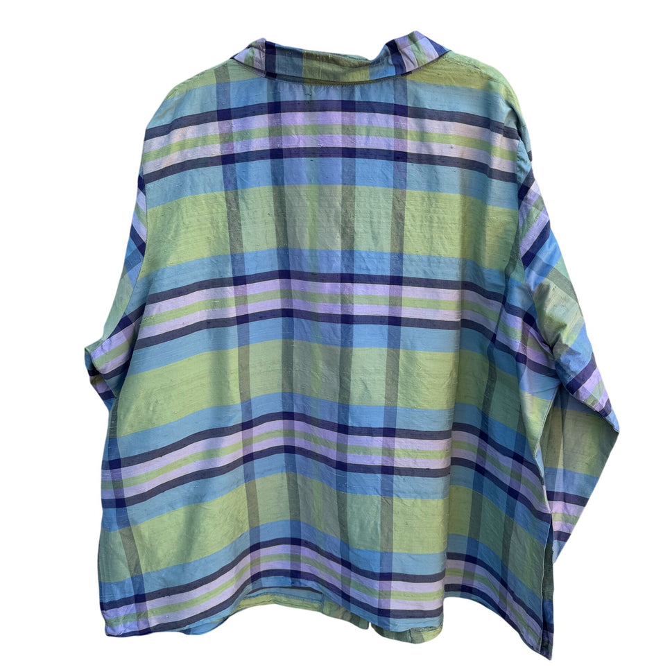 Avenue Womens Silk Preppy Button-Up Green Blue Plaid Long Sleeve Blouse 26/28