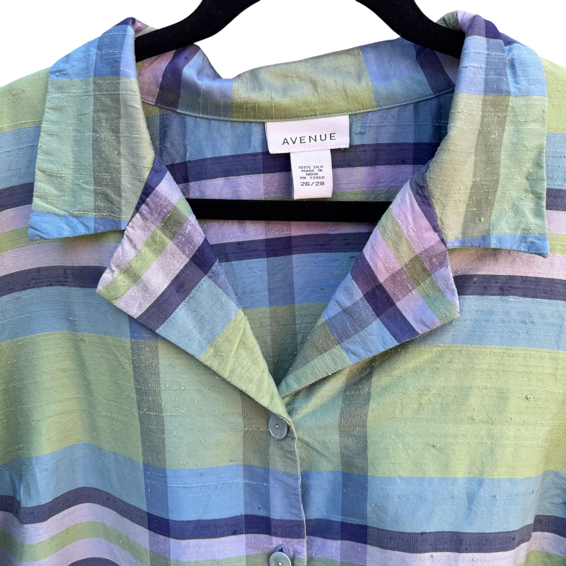 Avenue Womens Silk Preppy Button-Up Green Blue Plaid Long Sleeve Blouse 26/28