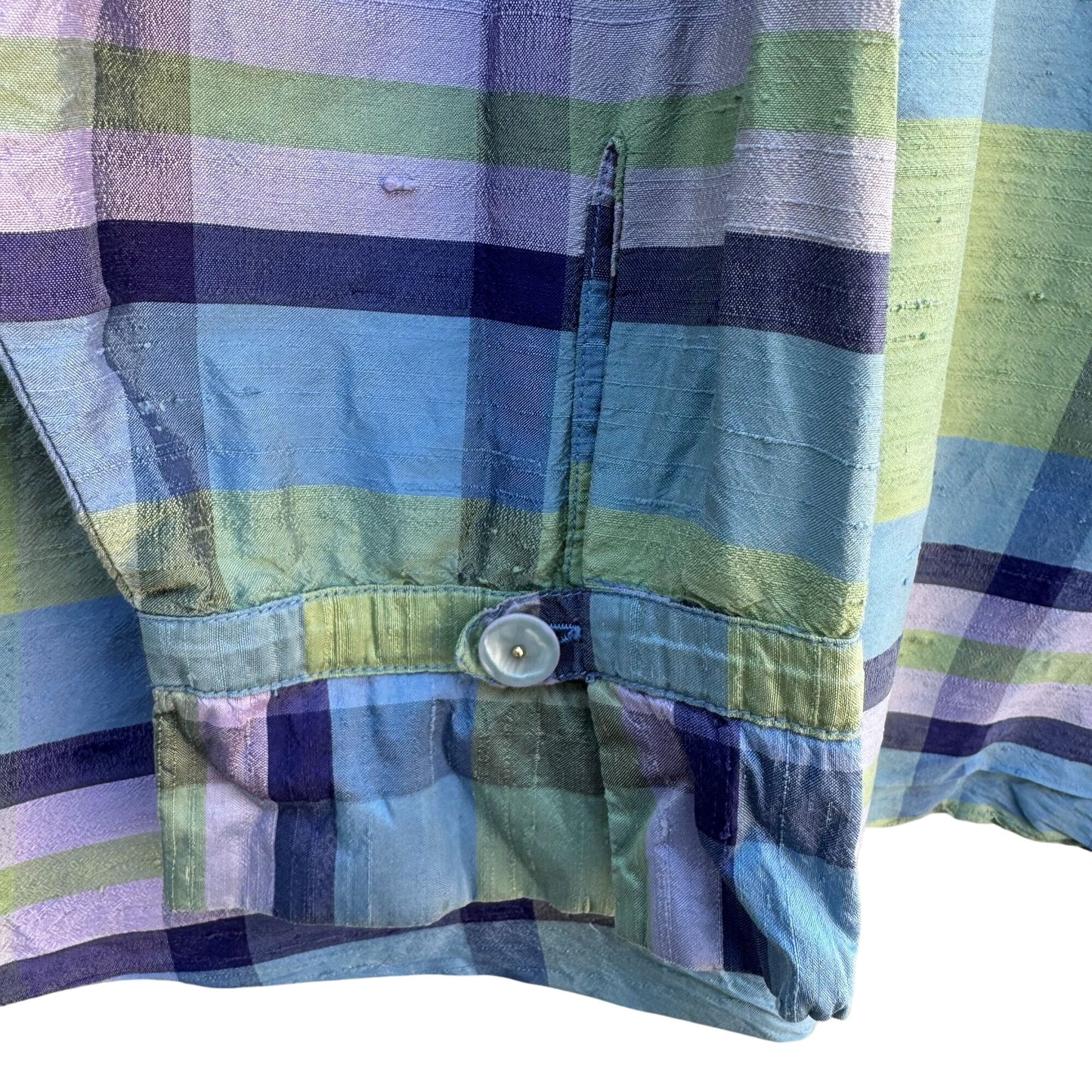 Avenue Womens Silk Preppy Button-Up Green Blue Plaid Long Sleeve Blouse 26/28