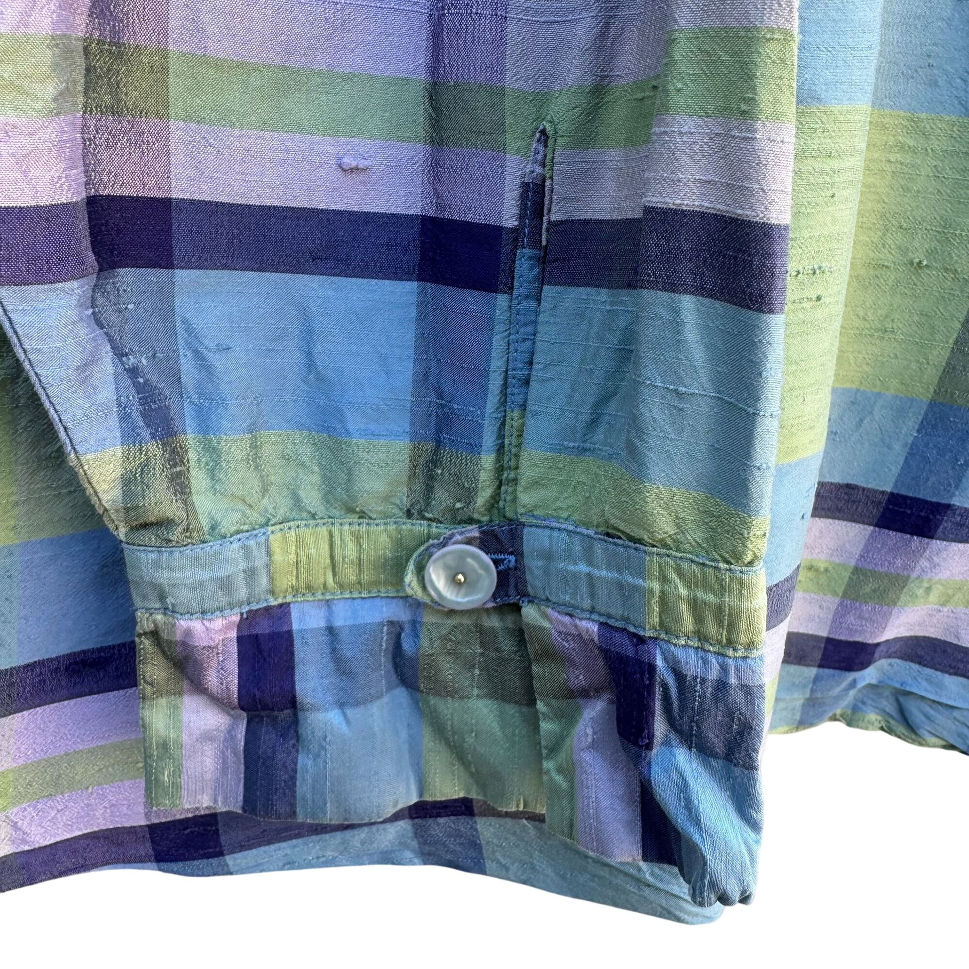 Avenue Womens Silk Preppy Button-Up Green Blue Plaid Long Sleeve Blouse 26/28
