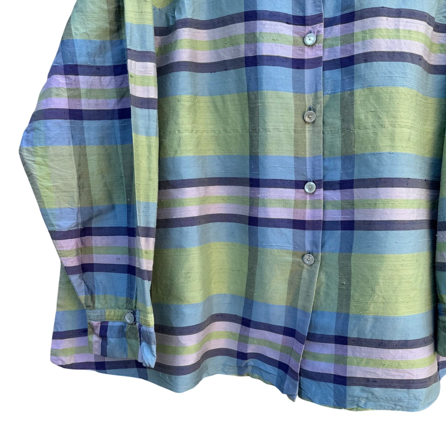 Avenue Womens Silk Preppy Button-Up Green Blue Plaid Long Sleeve Blouse 26/28