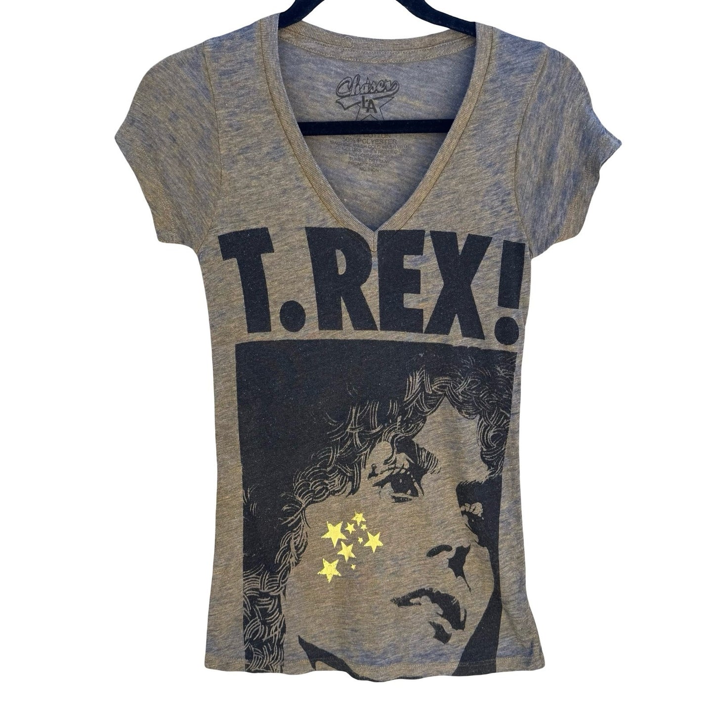 Chaser LA T Rex Marc Bolan Graphic V-Neck Babydoll Shirt Gray M Music Band Glam