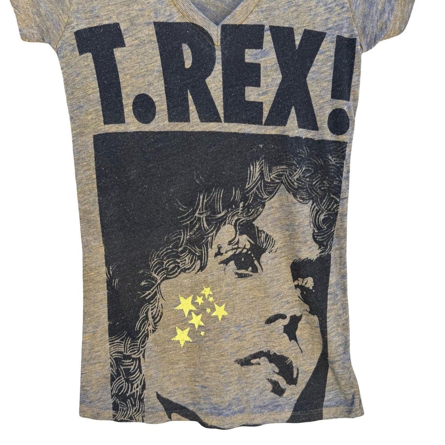 Chaser LA T Rex Marc Bolan Graphic V-Neck Babydoll Shirt Gray M Music Band Glam