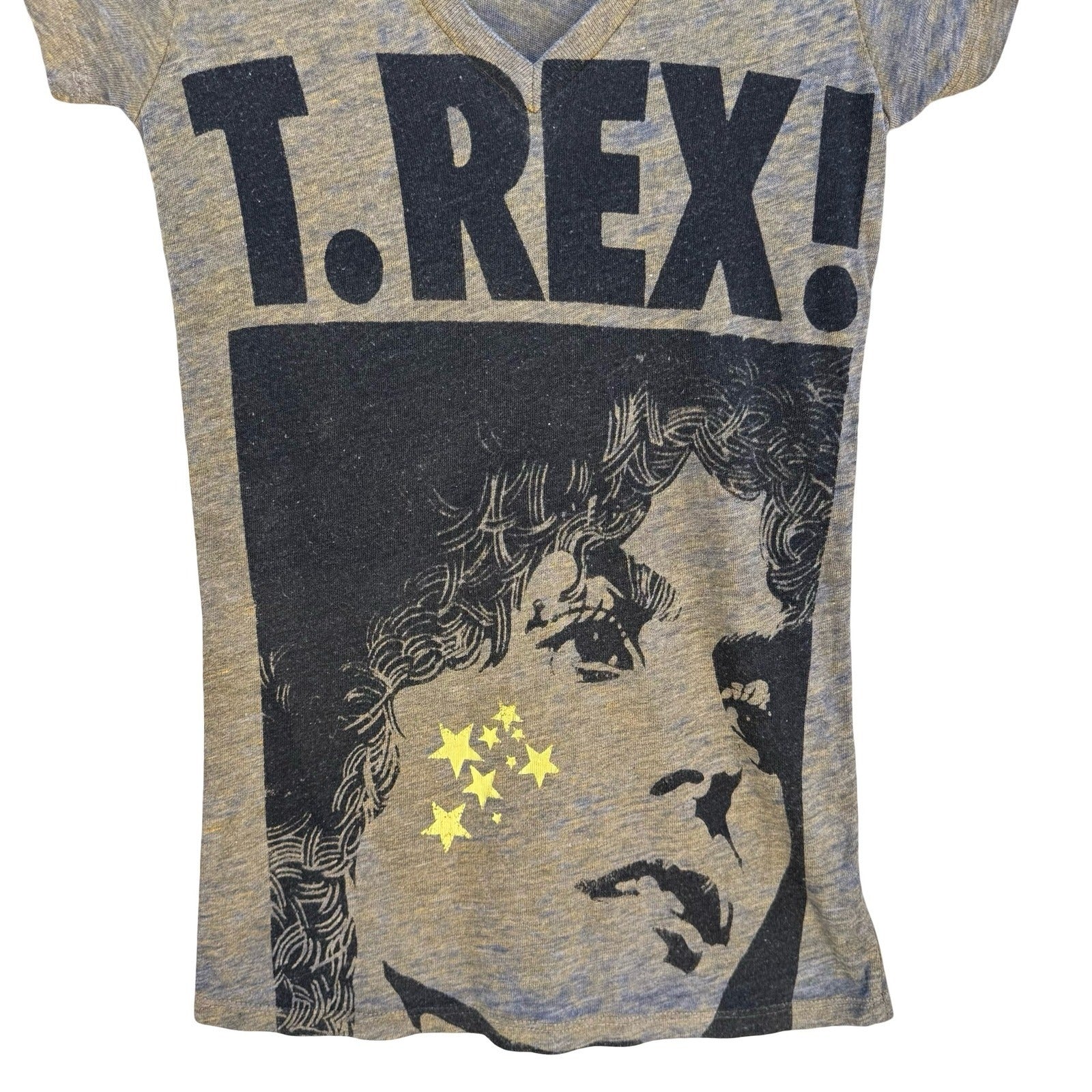 Chaser LA T Rex Marc Bolan Graphic V-Neck Babydoll Shirt Gray M Music Band Glam