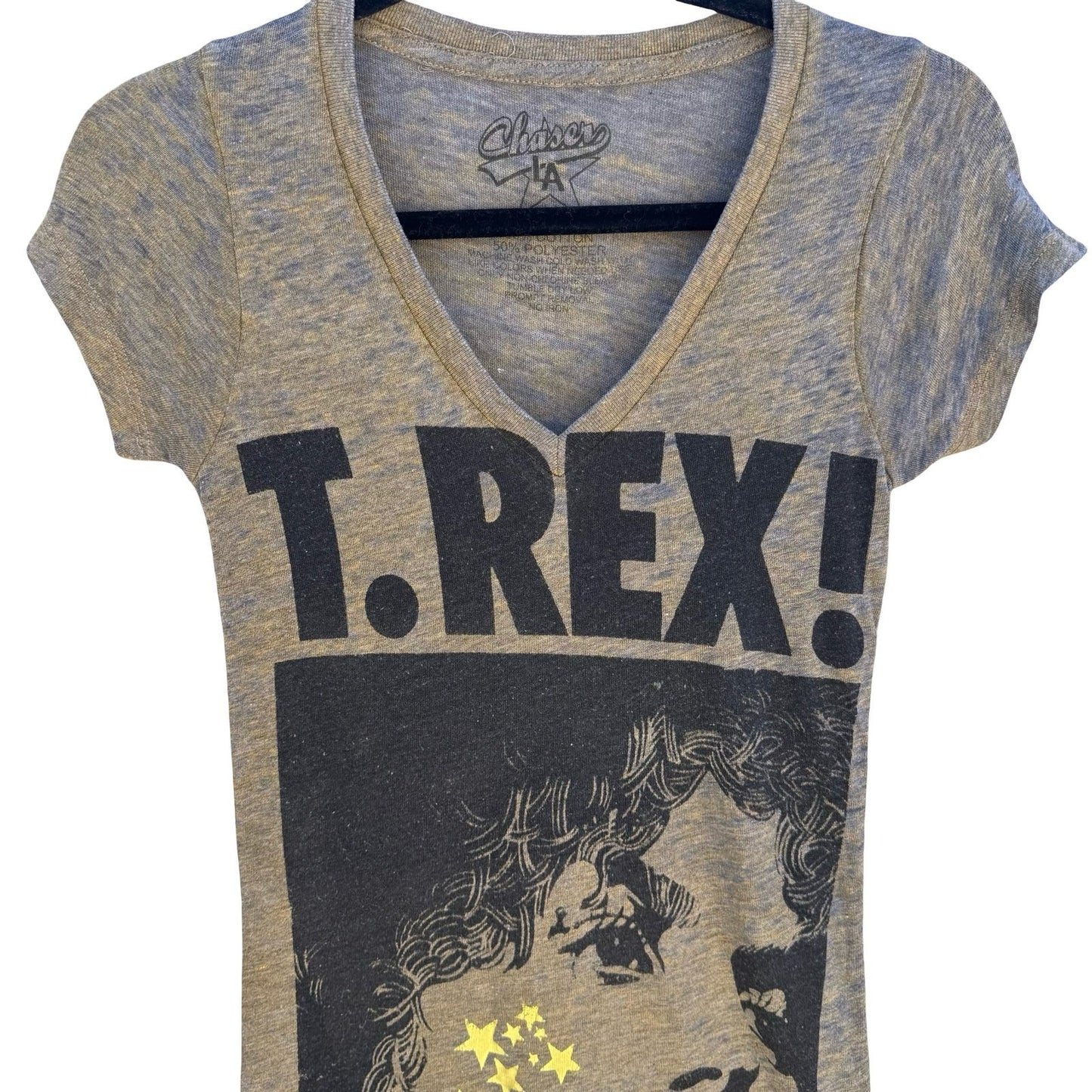 Chaser LA T Rex Marc Bolan Graphic V-Neck Babydoll Shirt Gray M Music Band Glam
