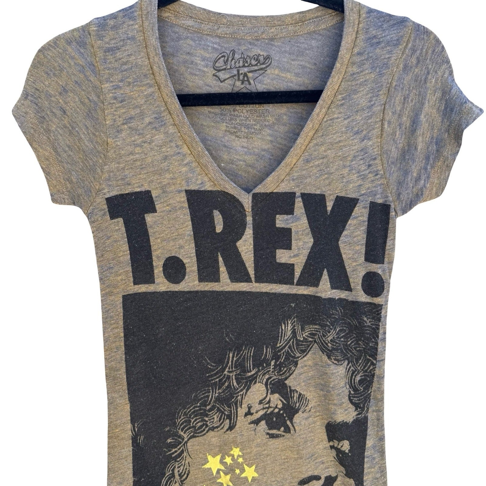 Chaser LA T Rex Marc Bolan Graphic V-Neck Babydoll Shirt Gray M Music Band Glam
