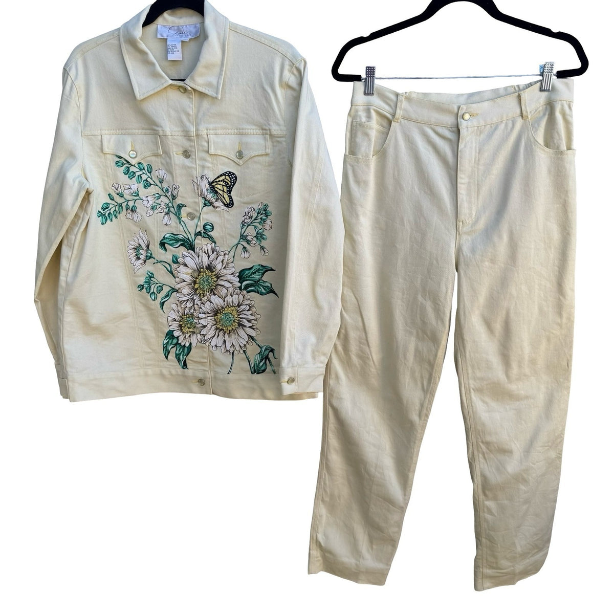 Diane Gilman Butter Yellow Floral Butterfly Sequin Denim Jacket Pants Set M