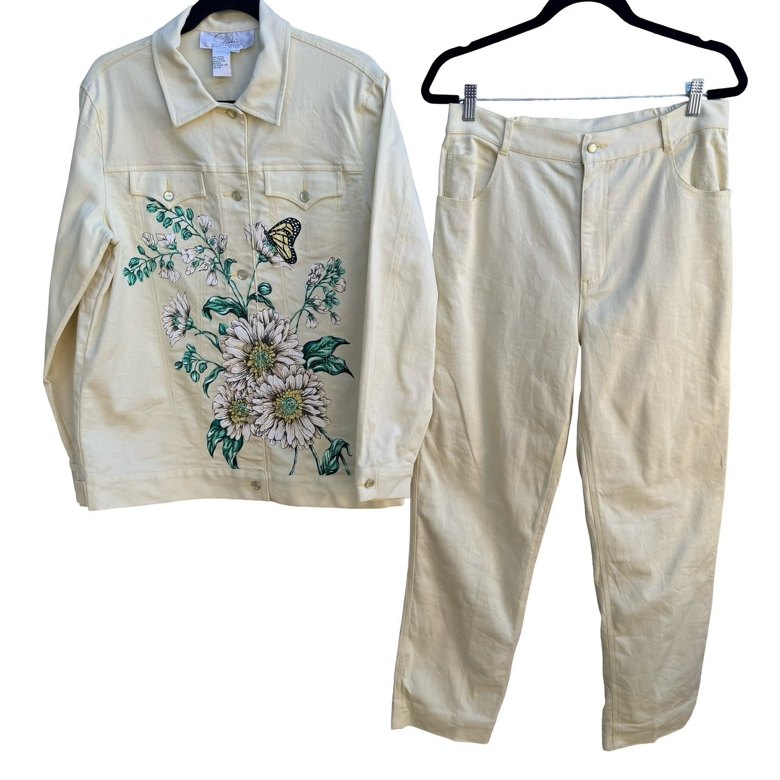 Diane Gilman Butter Yellow Floral Butterfly Sequin Denim Jacket Pants Set M