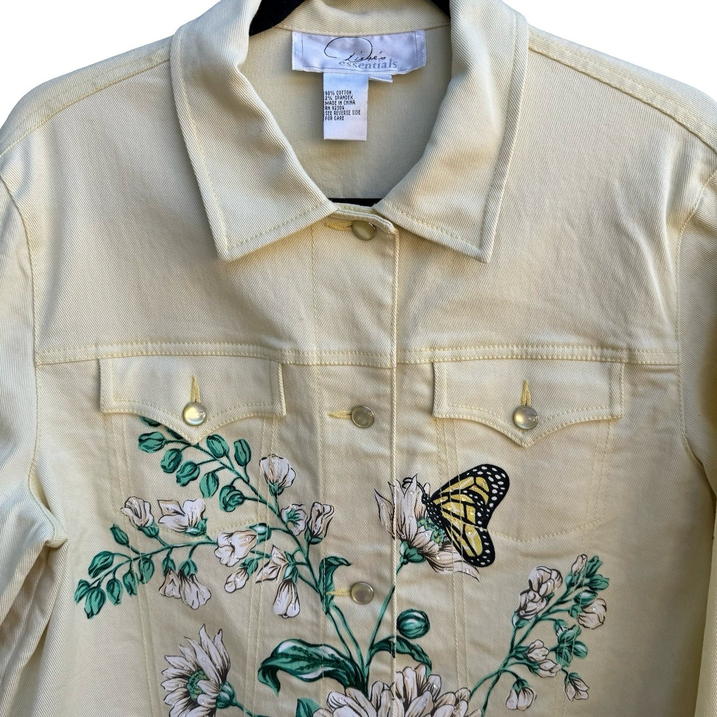 Diane Gilman Butter Yellow Floral Butterfly Sequin Denim Jacket Pants Set M