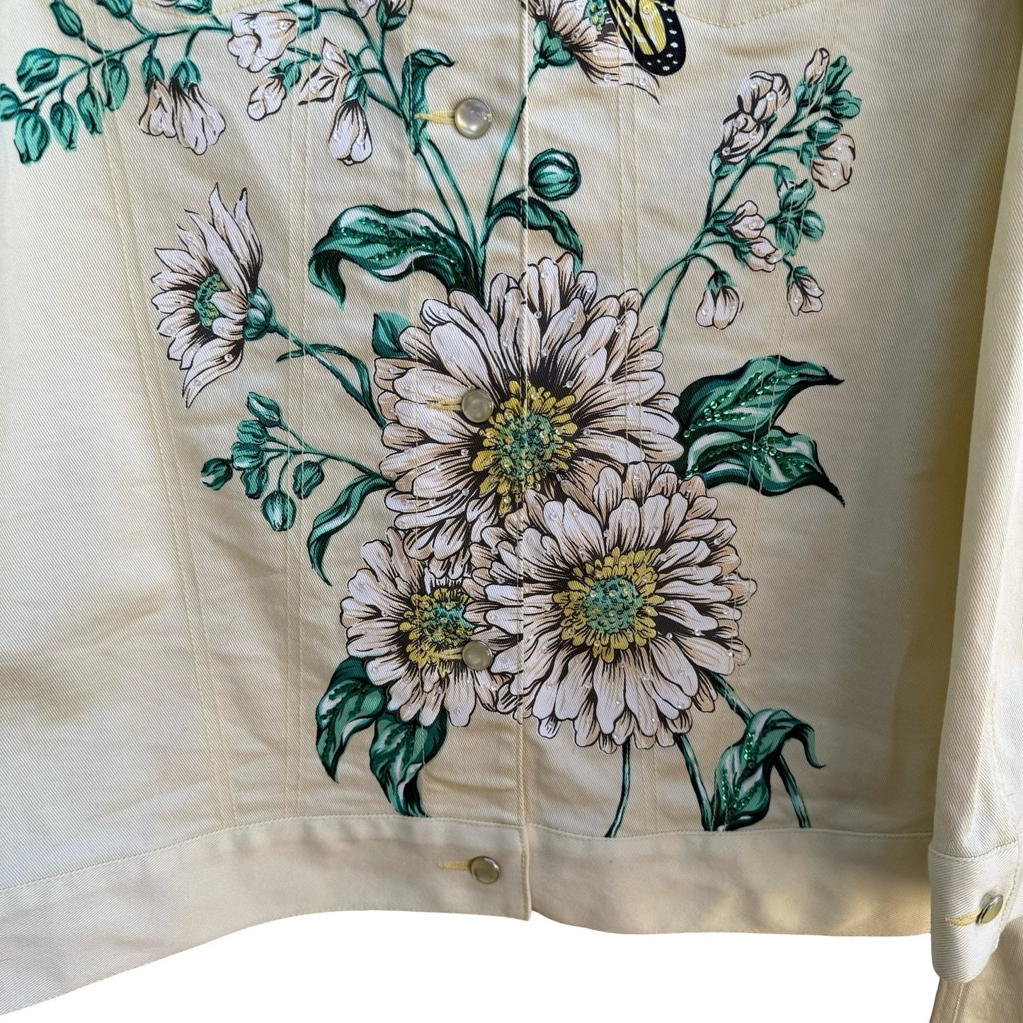 Diane Gilman Butter Yellow Floral Butterfly Sequin Denim Jacket Pants Set M