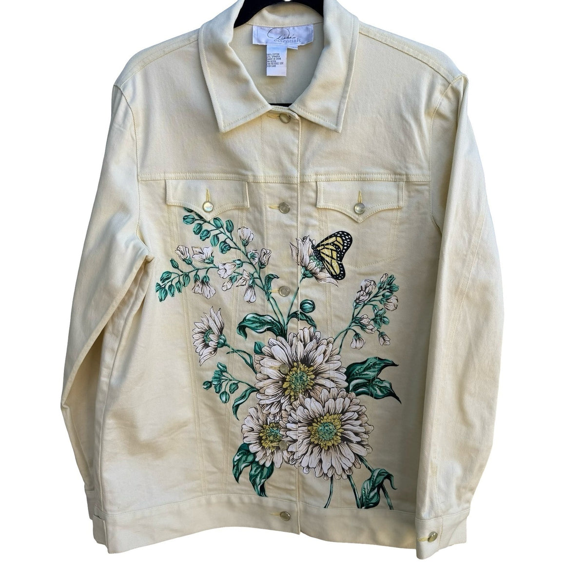 Diane Gilman Butter Yellow Floral Butterfly Sequin Denim Jacket Pants Set M