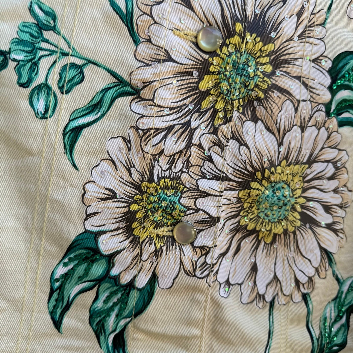 Diane Gilman Butter Yellow Floral Butterfly Sequin Denim Jacket Pants Set M