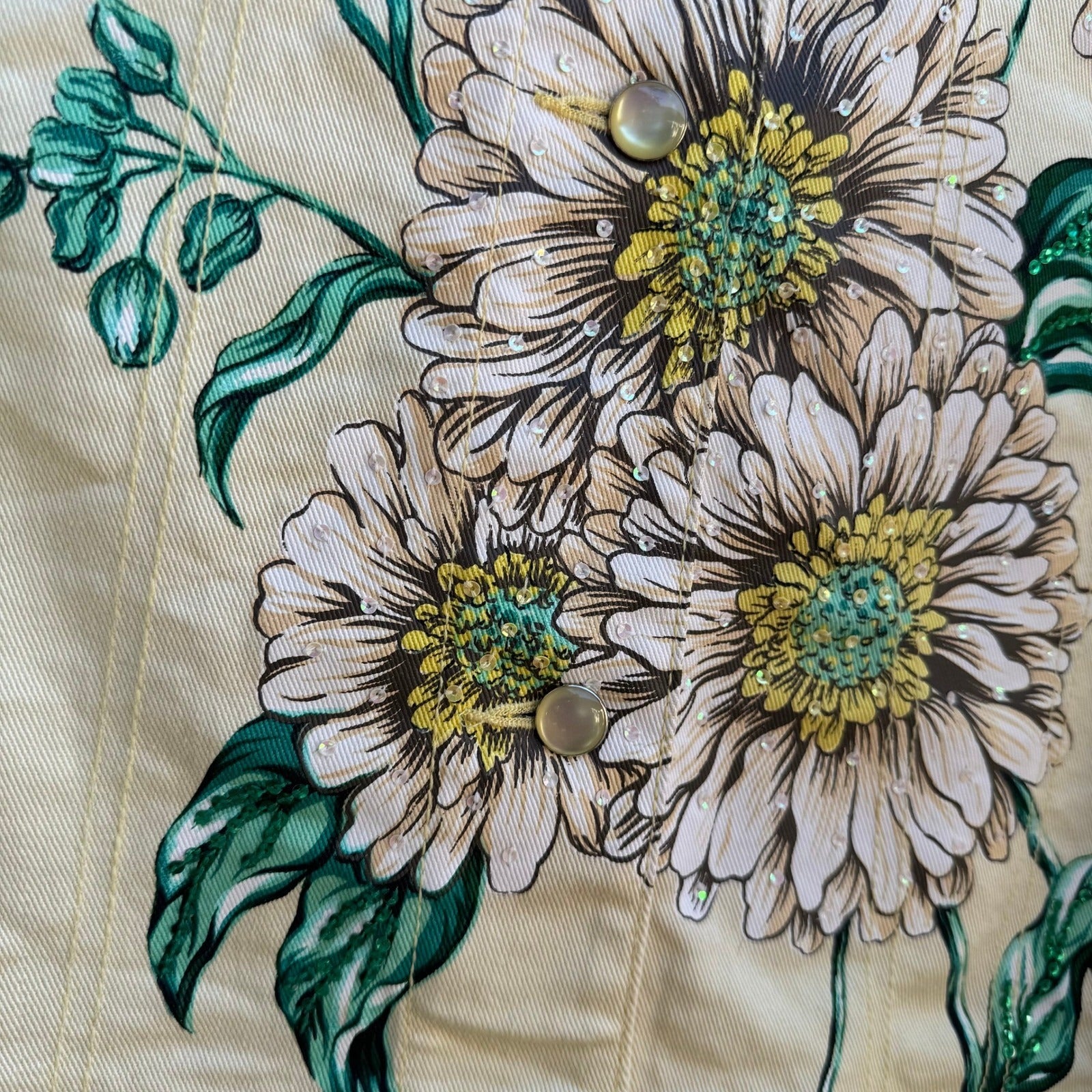 Diane Gilman Butter Yellow Floral Butterfly Sequin Denim Jacket Pants Set M