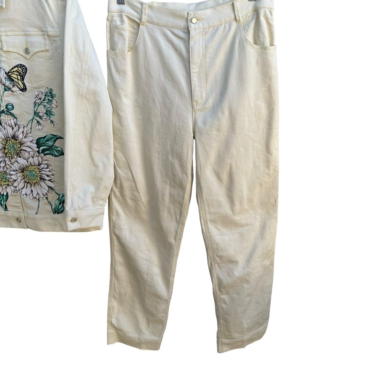 Diane Gilman Butter Yellow Floral Butterfly Sequin Denim Jacket Pants Set M