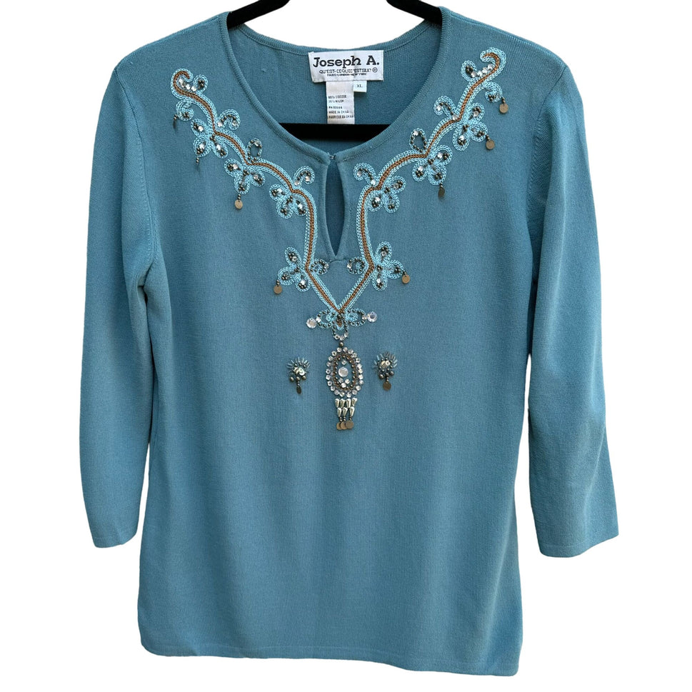 Joseph A. Women's Embroidered Beaded Blue 3/4 Sleeve Keyhole Neck Knit Sweater