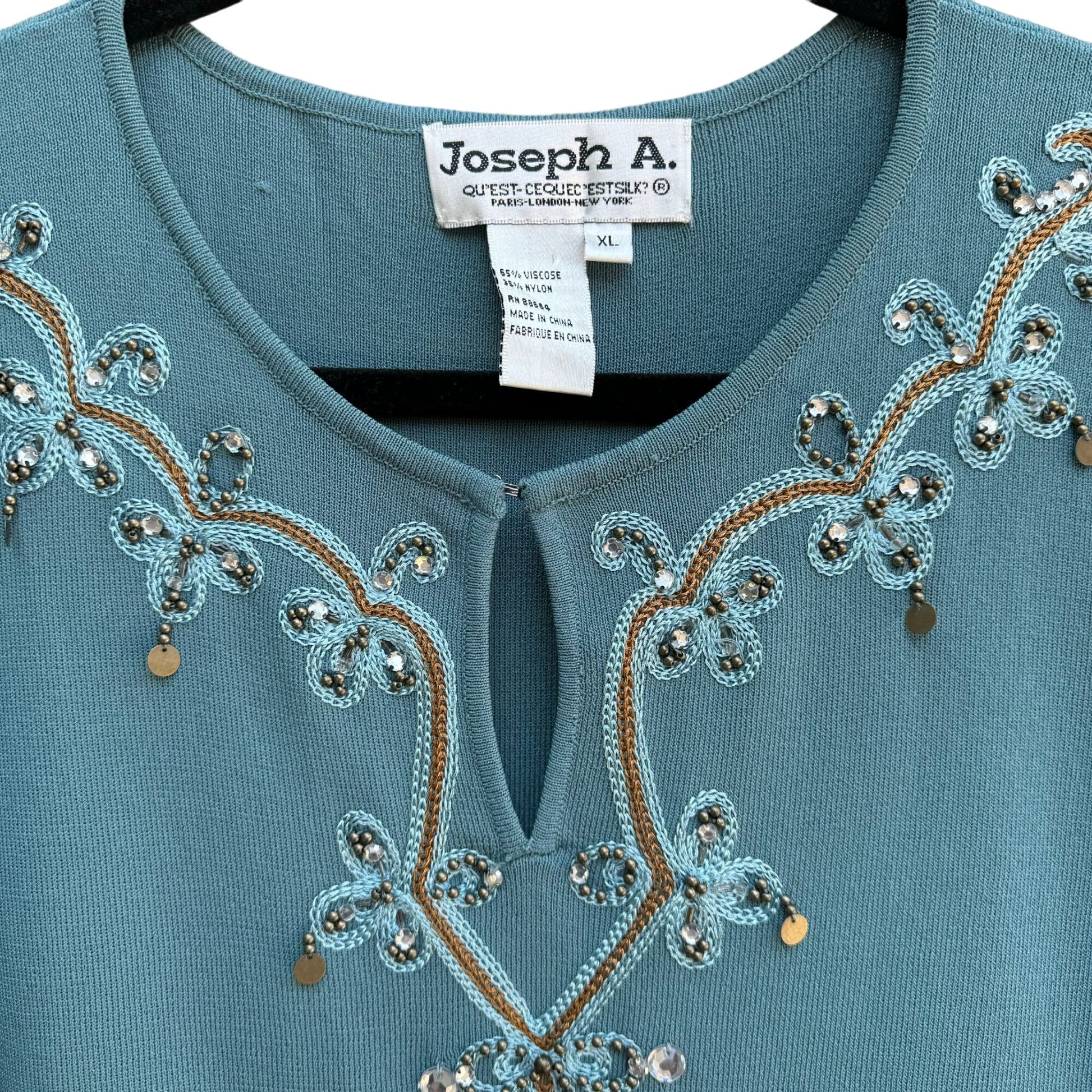 Joseph A. Women's Embroidered Beaded Blue 3/4 Sleeve Keyhole Neck Knit Sweater